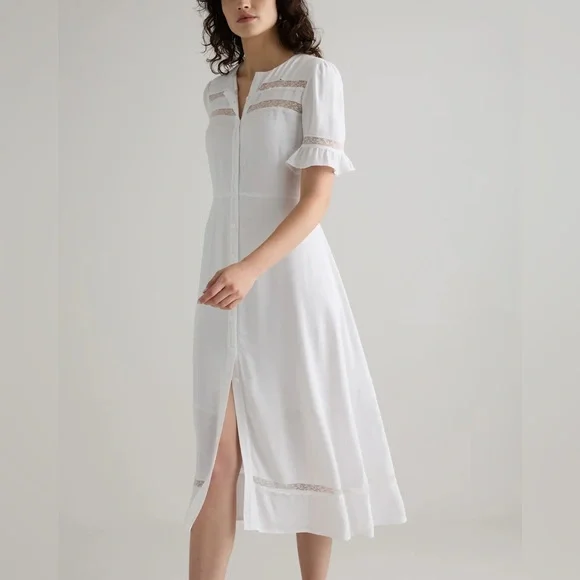 QUINCE NWT Lightweight Crepe Lace Inset Midi Dress -white -large - Picture 4 of 10